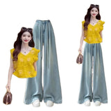 Korean style ootd wear women's summer casual fashion style tops popular slim jeans two-piece suit