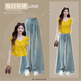 Korean style ootd wear women's summer casual fashion style tops popular slim jeans two-piece suit
