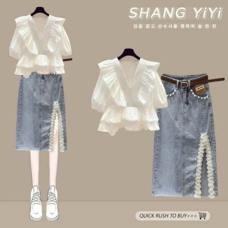 Light mature sister style summer temperament wear ruffled V-neck chiffon shirt hip denim skirt skirt two-piece suit