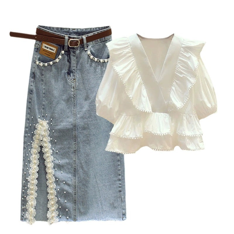 Light mature sister style summer temperament wear ruffled V-neck chiffon shirt hip denim skirt skirt two-piece suit