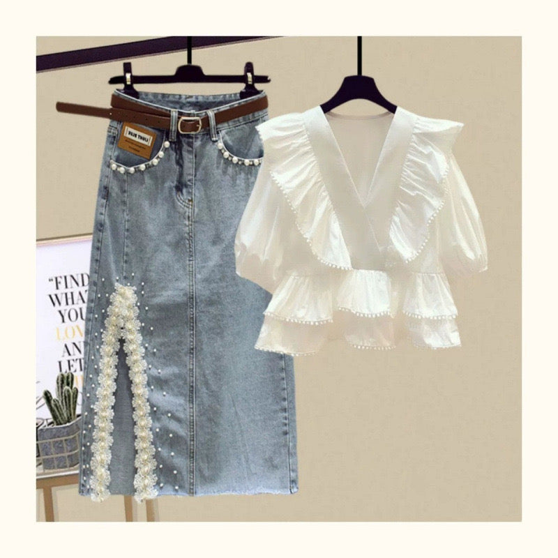 Light mature sister style summer temperament wear ruffled V-neck chiffon shirt hip denim skirt skirt two-piece suit