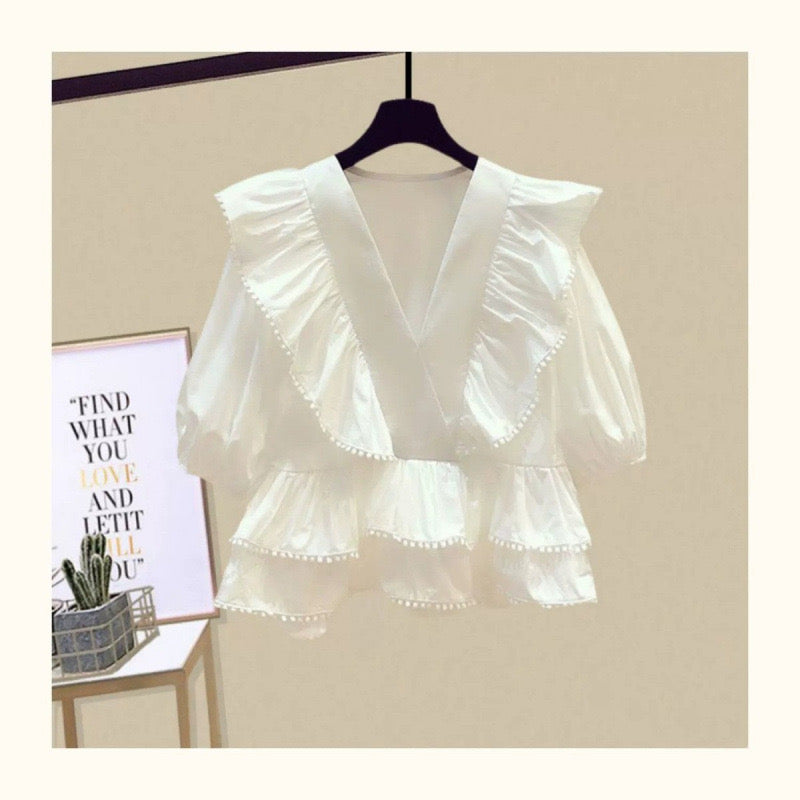 Light mature sister style summer temperament wear ruffled V-neck chiffon shirt hip denim skirt skirt two-piece suit