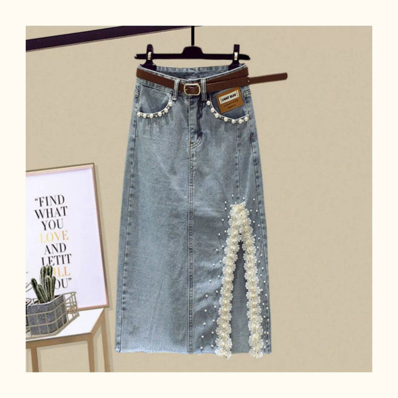 Light mature sister style summer temperament wear ruffled V-neck chiffon shirt hip denim skirt skirt two-piece suit