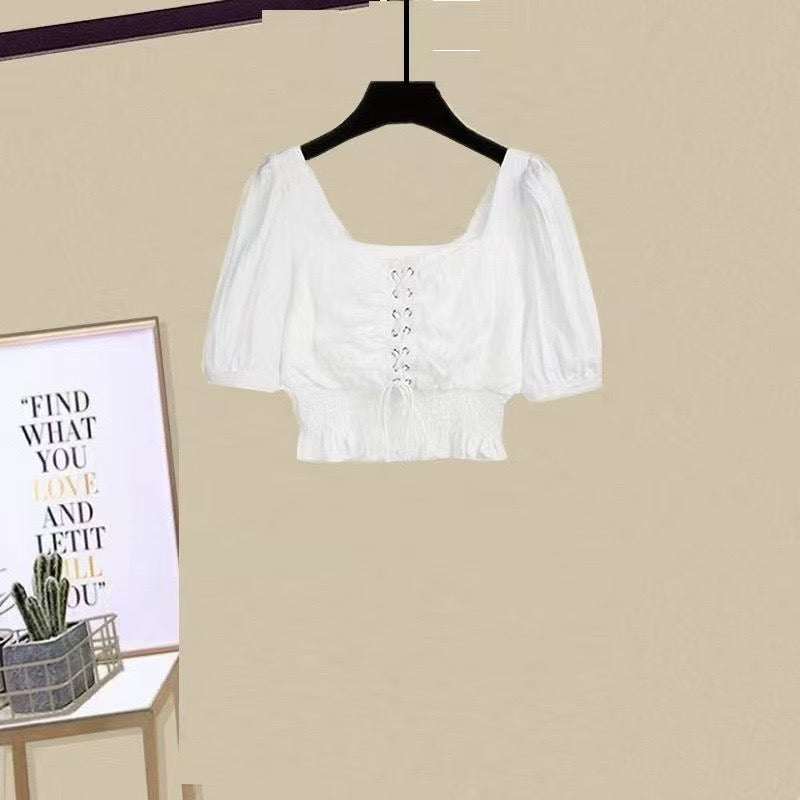 Light mature sister style summer temperament wear ruffled V-neck chiffon shirt hip denim skirt skirt two-piece suit