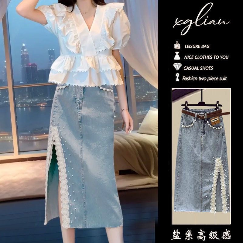 Light mature sister style summer temperament wear ruffled V-neck chiffon shirt hip denim skirt skirt two-piece suit