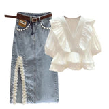 Light mature sister style summer temperament wear ruffled V-neck chiffon shirt hip denim skirt skirt two-piece suit