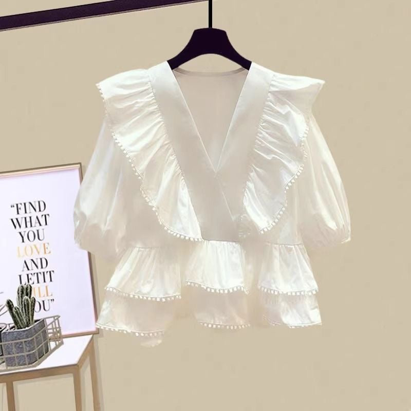 Light mature sister style summer temperament wear ruffled V-neck chiffon shirt hip denim skirt skirt two-piece suit