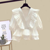 Light mature sister style summer temperament wear ruffled V-neck chiffon shirt hip denim skirt skirt two-piece suit