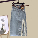 Light mature sister style summer temperament wear ruffled V-neck chiffon shirt hip denim skirt skirt two-piece suit