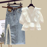 Light mature sister style summer temperament wear ruffled V-neck chiffon shirt hip denim skirt skirt two-piece suit