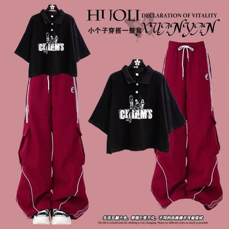 Fashion suit #Loose design niche short top with new American striped retro wide-leg overalls