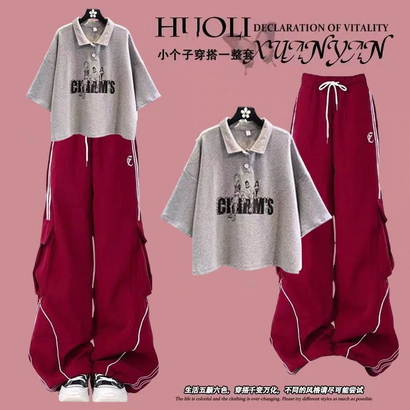 Fashion suit #Loose design niche short top with new American striped retro wide-leg overalls