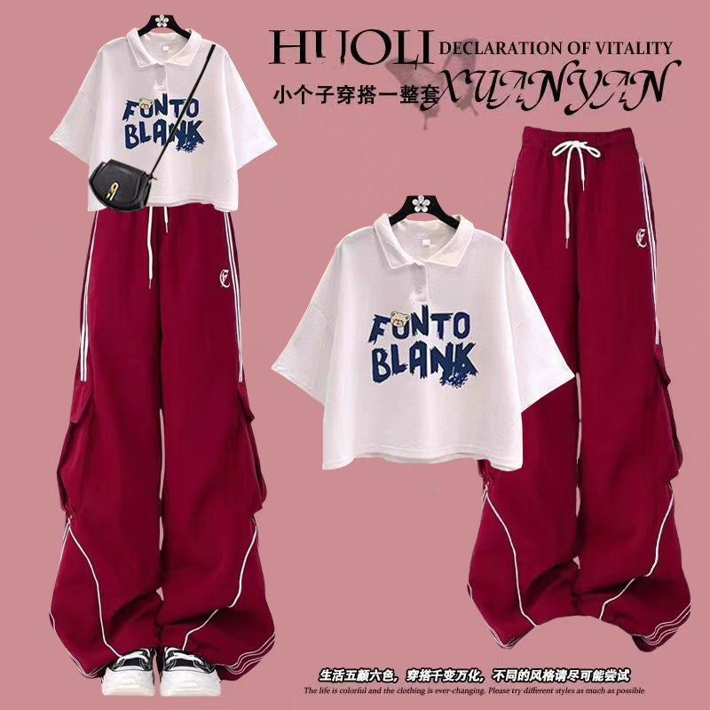 Fashion suit #Loose design niche short top with new American striped retro wide-leg overalls