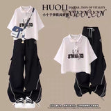 Fashion suit #Loose design niche short top with new American striped retro wide-leg overalls