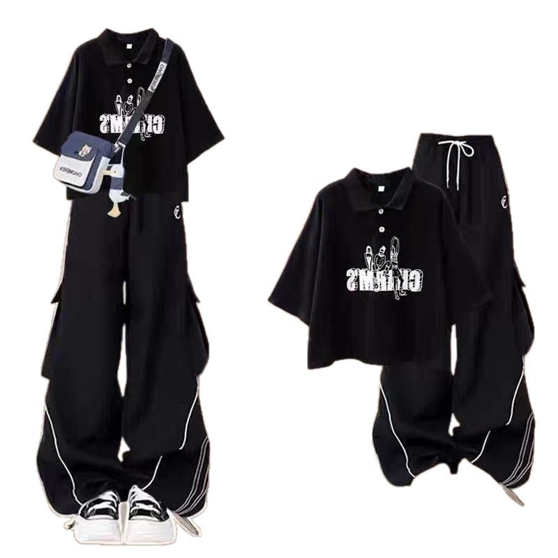 Fashion suit #Loose design niche short top with new American striped retro wide-leg overalls