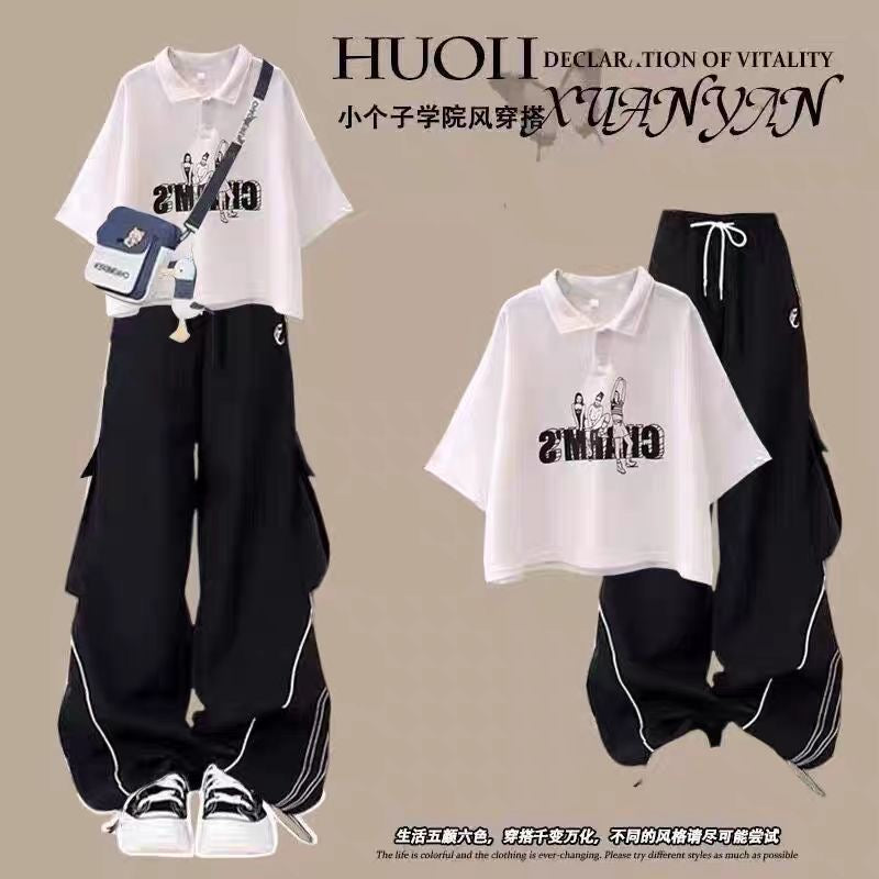 Fashion suit #Loose design niche short top with new American striped retro wide-leg overalls