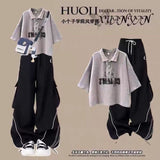 Fashion suit #Loose design niche short top with new American striped retro wide-leg overalls