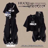 Fashion suit #Loose design niche short top with new American striped retro wide-leg overalls