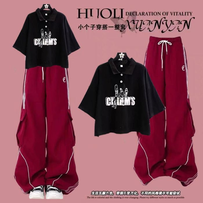 Fashion suit #Loose design niche short top with new American striped retro wide-leg overalls