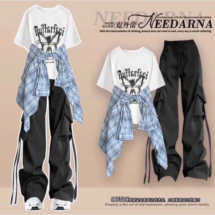 Fashion suit #Printed loose all-match round neck top with plaid shirt jacket and drawstring overalls