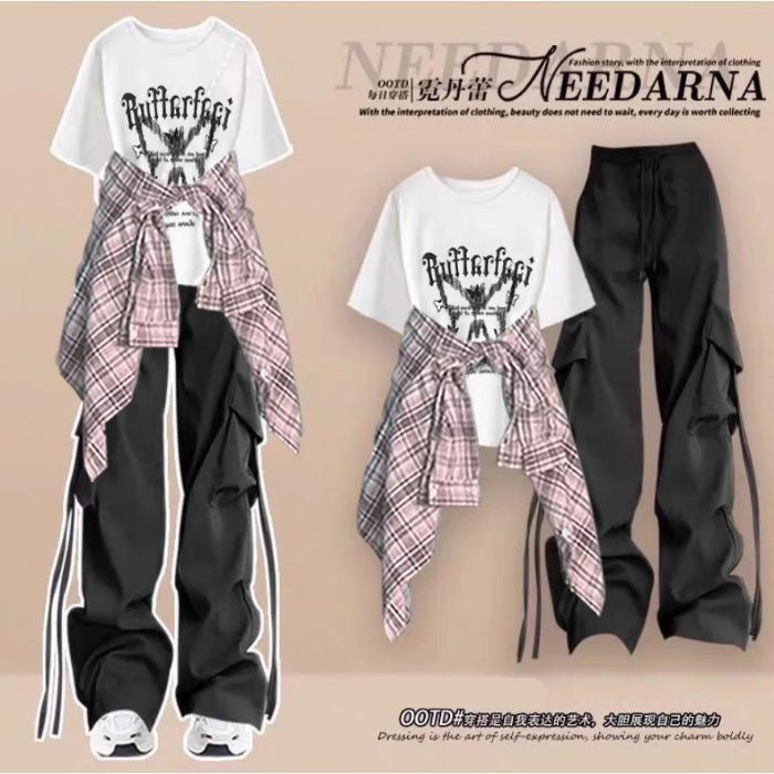 Fashion suit #Printed loose all-match round neck top with plaid shirt jacket and drawstring overalls