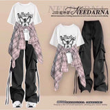 Fashion suit #Printed loose all-match round neck top with plaid shirt jacket and drawstring overalls