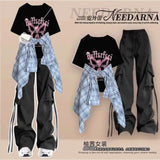 Fashion suit #Printed loose all-match round neck top with plaid shirt jacket and drawstring overalls