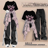 Fashion suit #Printed loose all-match round neck top with plaid shirt jacket and drawstring overalls