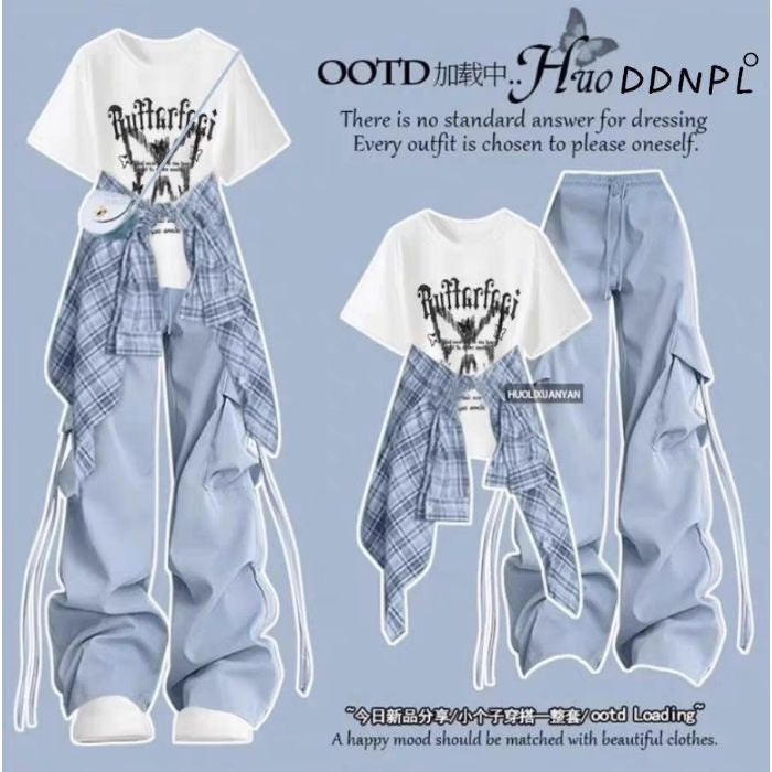 Fashion suit #Printed loose all-match round neck top with plaid shirt jacket and drawstring overalls