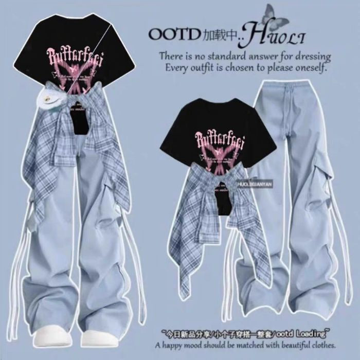 Fashion suit #Printed loose all-match round neck top with plaid shirt jacket and drawstring overalls