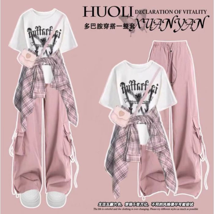 Fashion suit #Printed loose all-match round neck top with plaid shirt jacket and drawstring overalls