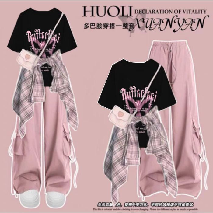 Fashion suit #Printed loose all-match round neck top with plaid shirt jacket and drawstring overalls