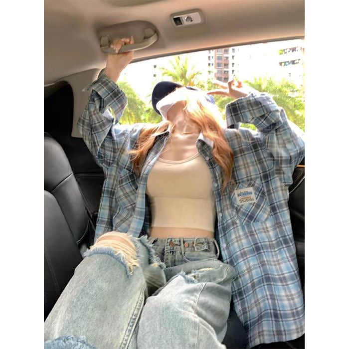 Fashion suit #Printed loose all-match round neck top with plaid shirt jacket and drawstring overalls