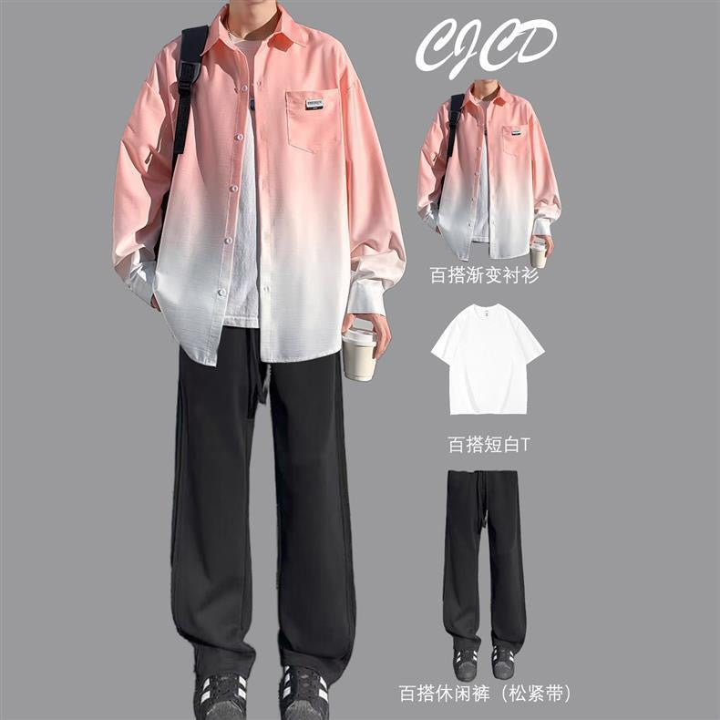 Gradient shirt suit men's spring and autumn style trendy brand loose casual long-sleeved shirt jacket with a set of matching