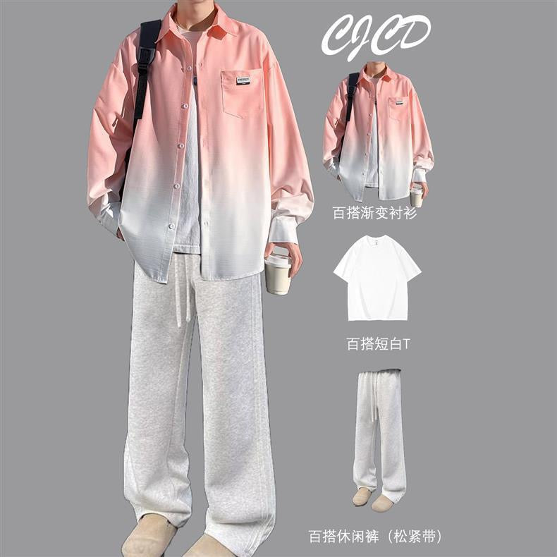 Gradient shirt suit men's spring and autumn style trendy brand loose casual long-sleeved shirt jacket with a set of matching