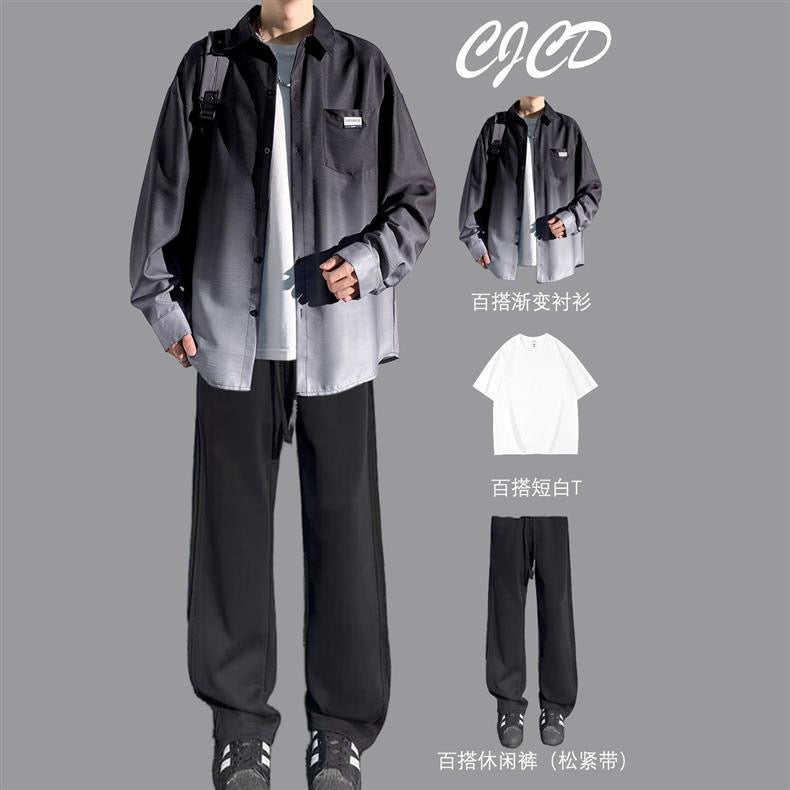 Gradient shirt suit men's spring and autumn style trendy brand loose casual long-sleeved shirt jacket with a set of matching