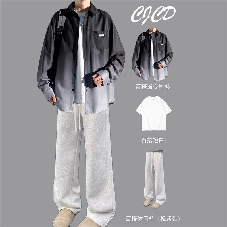 Gradient shirt suit men's spring and autumn style trendy brand loose casual long-sleeved shirt jacket with a set of matching