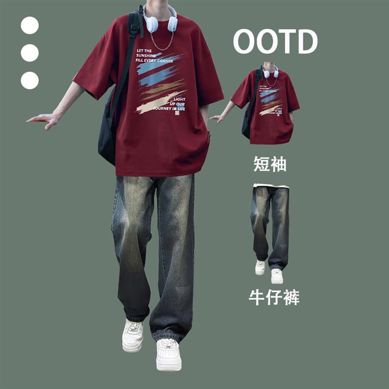 Summer casual daily short-sleeved youth T-shirt sunny handsome wear jeans fashion suit boys set