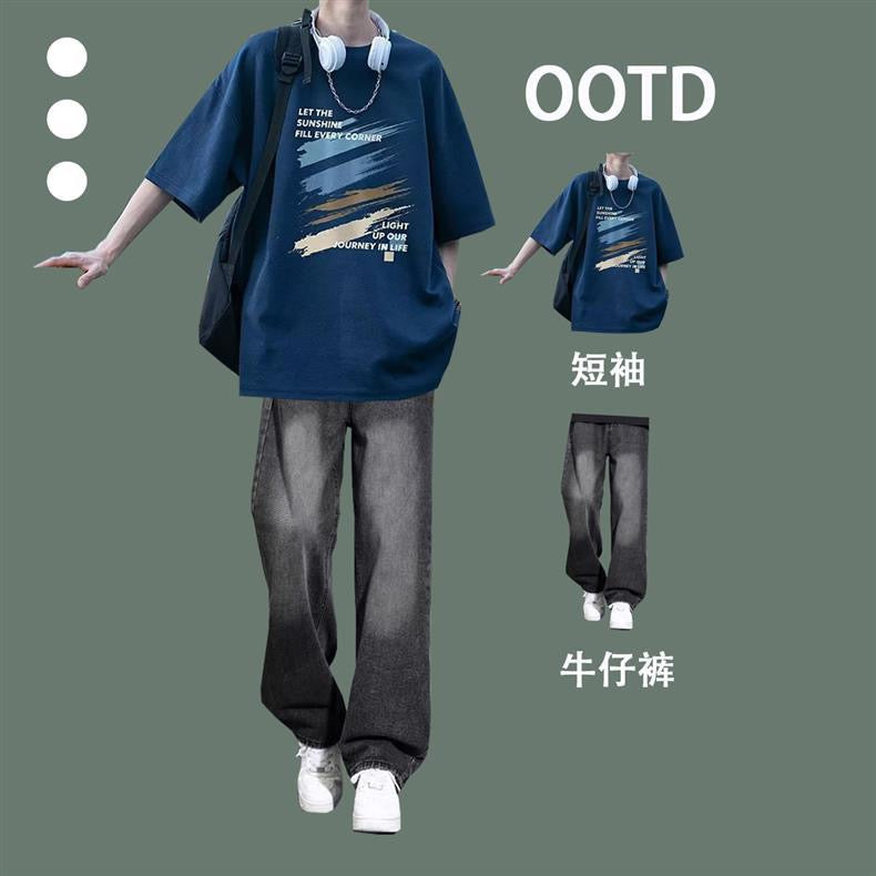 Summer casual daily short-sleeved youth T-shirt sunny handsome wear jeans fashion suit boys set