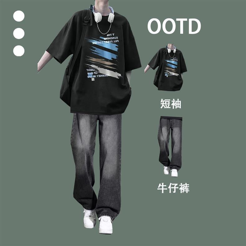 Summer casual daily short-sleeved youth T-shirt sunny handsome wear jeans fashion suit boys set