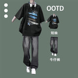 Summer casual daily short-sleeved youth T-shirt sunny handsome wear jeans fashion suit boys set