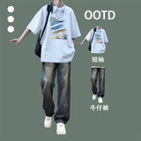 Summer casual daily short-sleeved youth T-shirt sunny handsome wear jeans fashion suit boys set