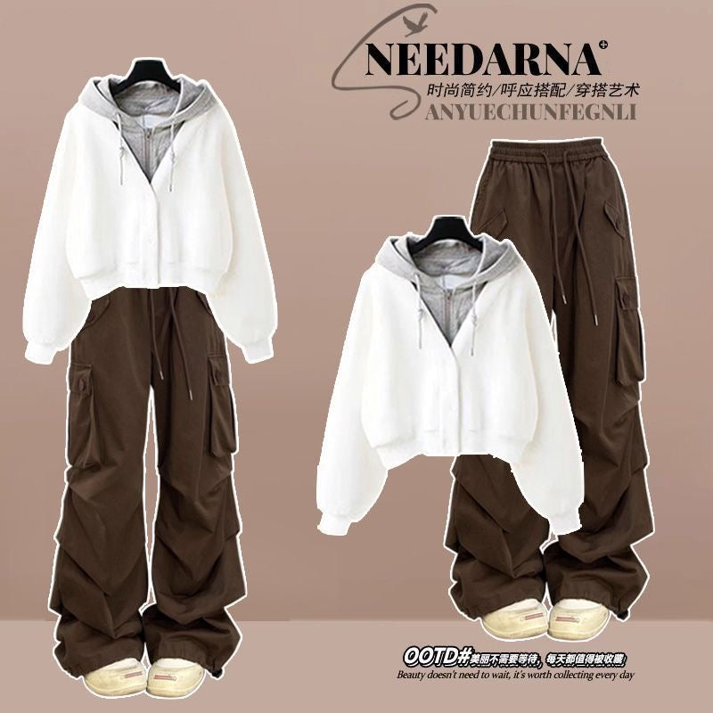 Fashion suit #Hooded fake two-piece short sweatshirt with pleated layered all-match American retro overalls