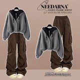 Fashion suit #Hooded fake two-piece short sweatshirt with pleated layered all-match American retro overalls
