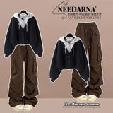 Fashion suit #Hooded fake two-piece short sweatshirt with pleated layered all-match American retro overalls
