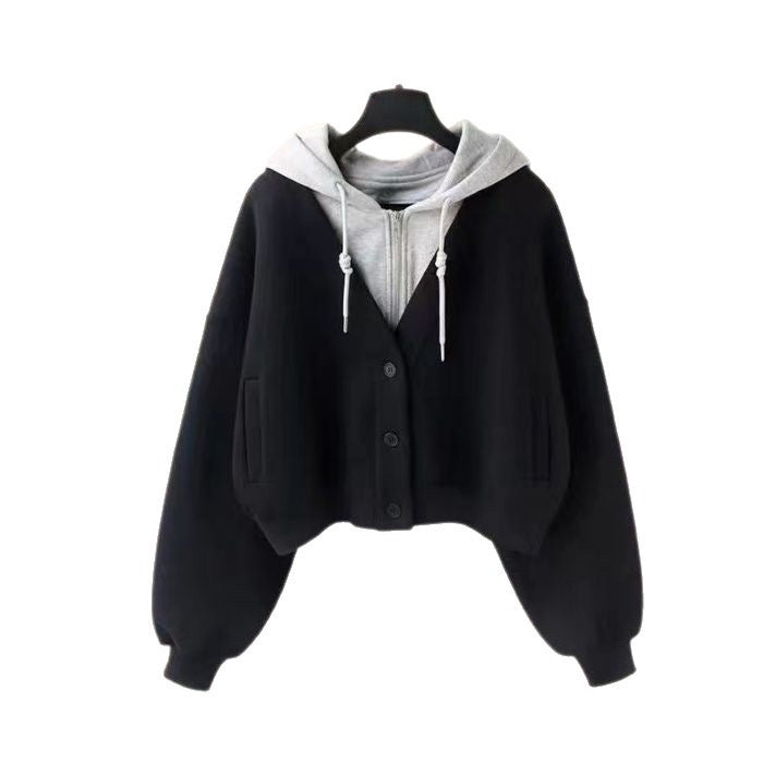 Fashion suit #Hooded fake two-piece short sweatshirt with pleated layered all-match American retro overalls