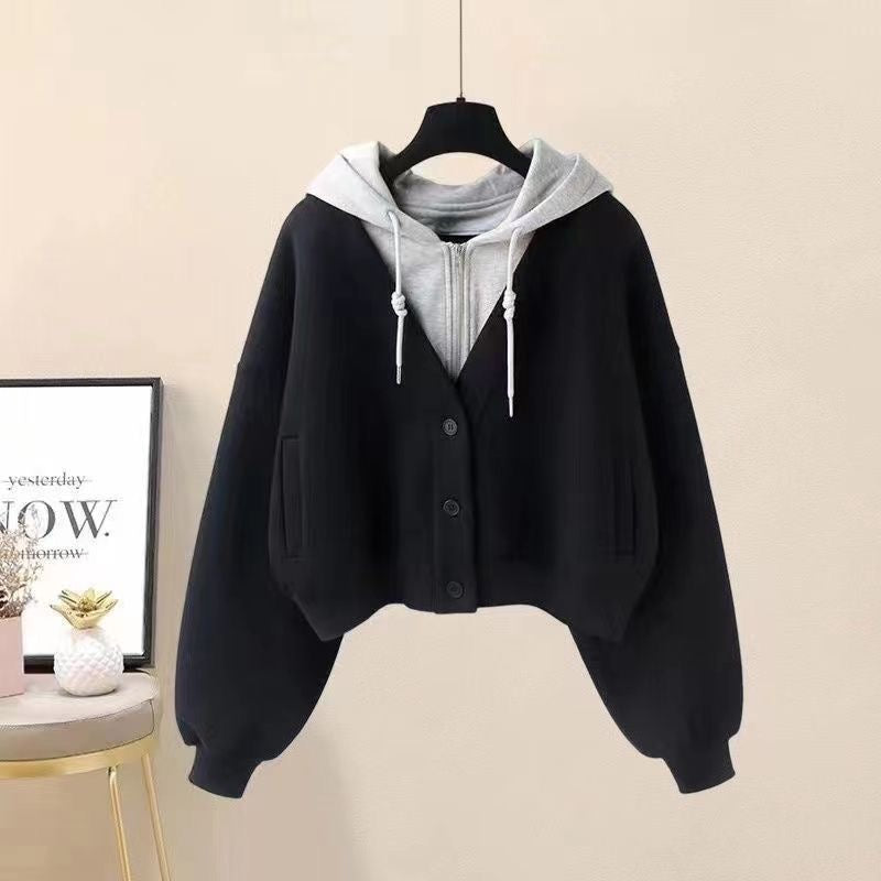 Fashion suit #Hooded fake two-piece short sweatshirt with pleated layered all-match American retro overalls