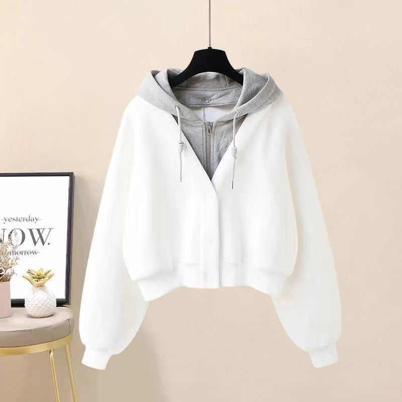 Fashion suit #Hooded fake two-piece short sweatshirt with pleated layered all-match American retro overalls