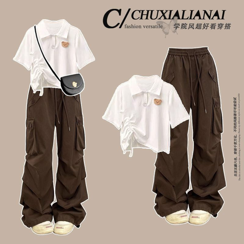 Fashion suit #Loose and versatile printed drawstring short sleeves with pleated layers and versatile American retro workwear