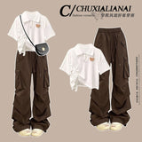 Fashion suit #Loose and versatile printed drawstring short sleeves with pleated layers and versatile American retro workwear